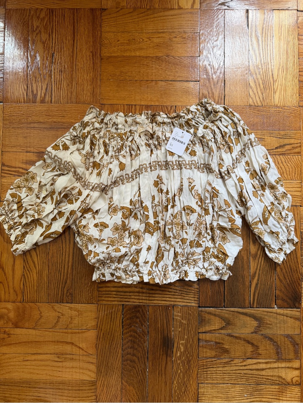 NWT Jen's Pirate Booty Cream and Brown Floral Off-Shoulder Smocked Top